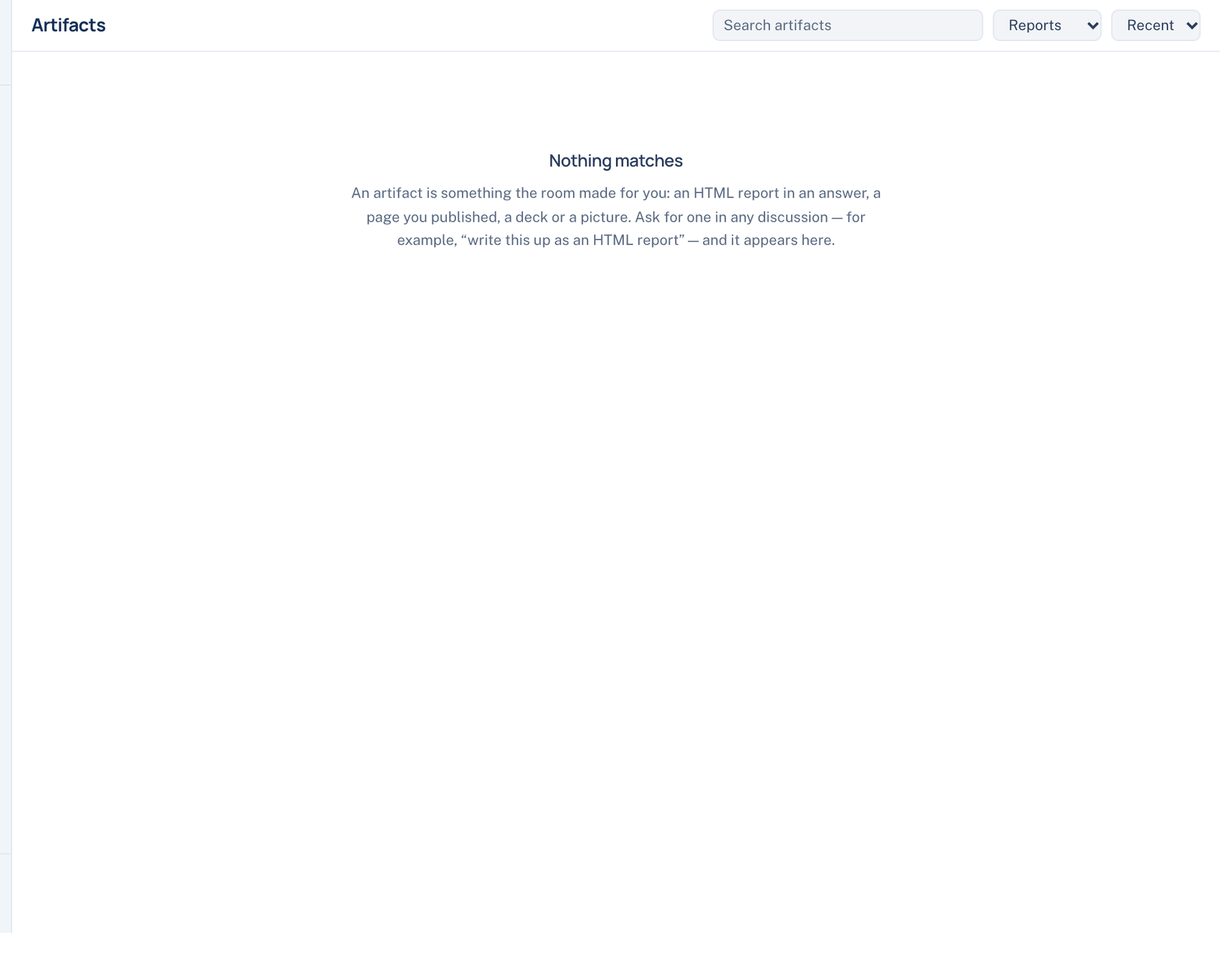 letthemchat.com, Artifacts from the sidebar, filtered to Reports