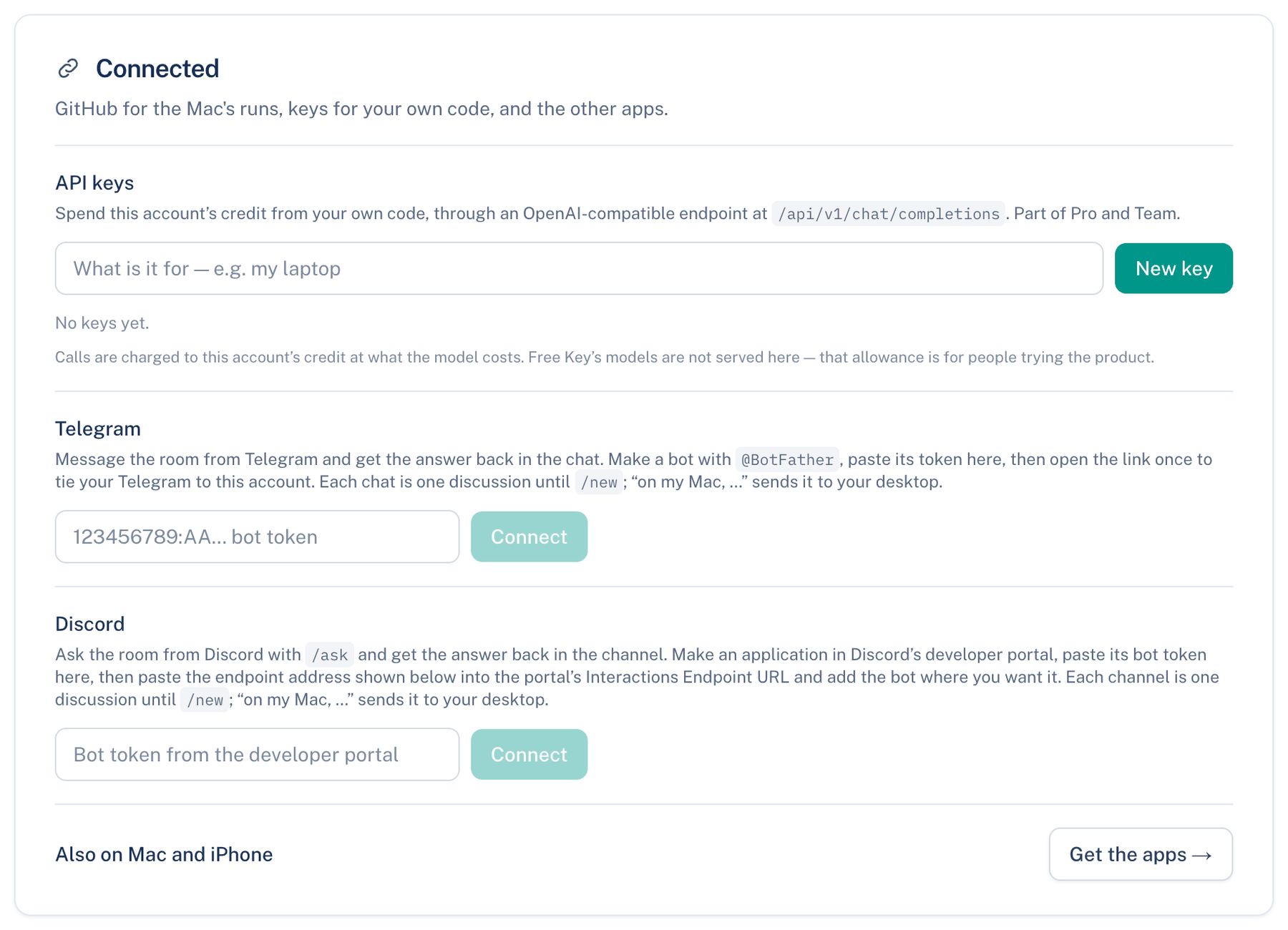 letthemchat.com, Settings → Account → Connected → Pull-request reviews on GitHub, one linked installation