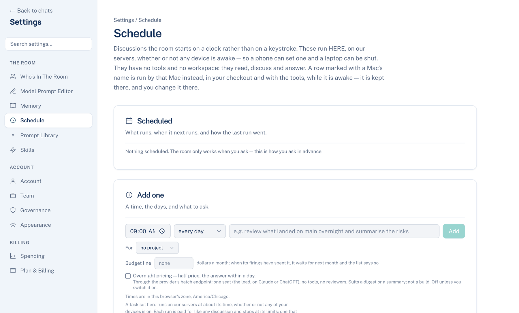 Web, Settings → Schedule, a server schedule with its Trigger panel open after Make a trigger