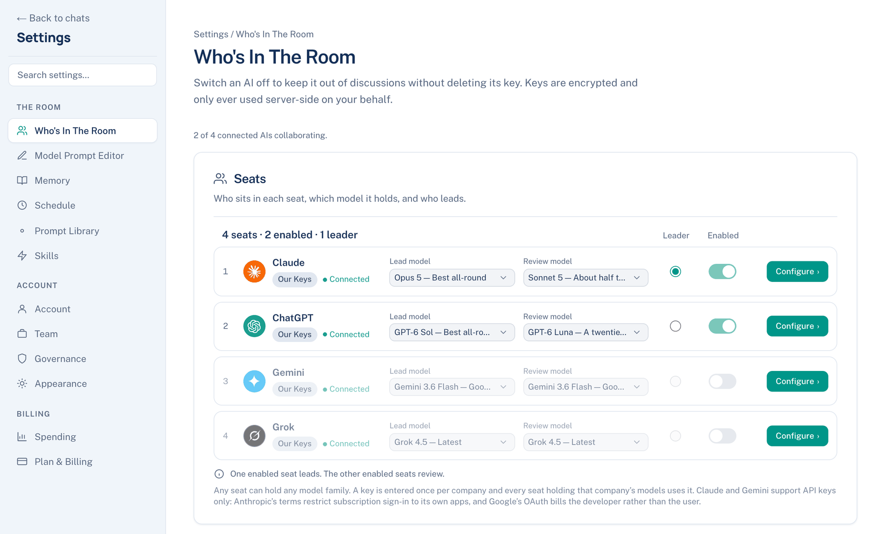 letthemchat.com, Settings with the rail showing The room, Account and Billing groups