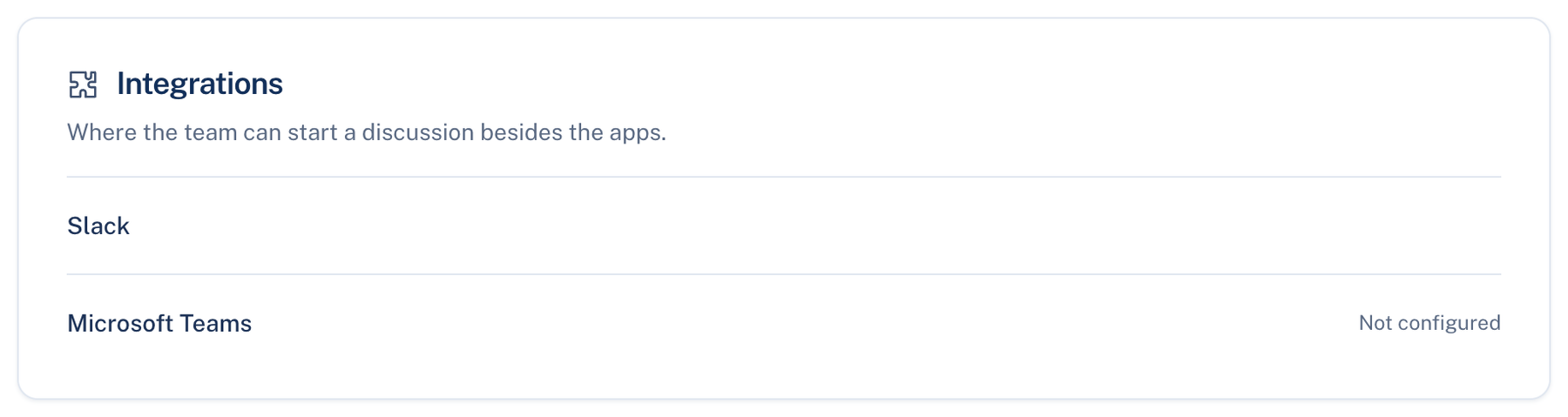 letthemchat.com, Settings → Team → Integrations, with the Slack and Microsoft Teams rows